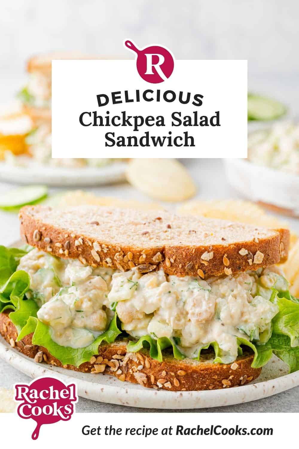 Chickpea salad sandwich Pinterest graphic with text and photos.