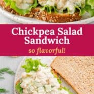 Chickpea salad sandwich Pinterest graphic with text and photos.