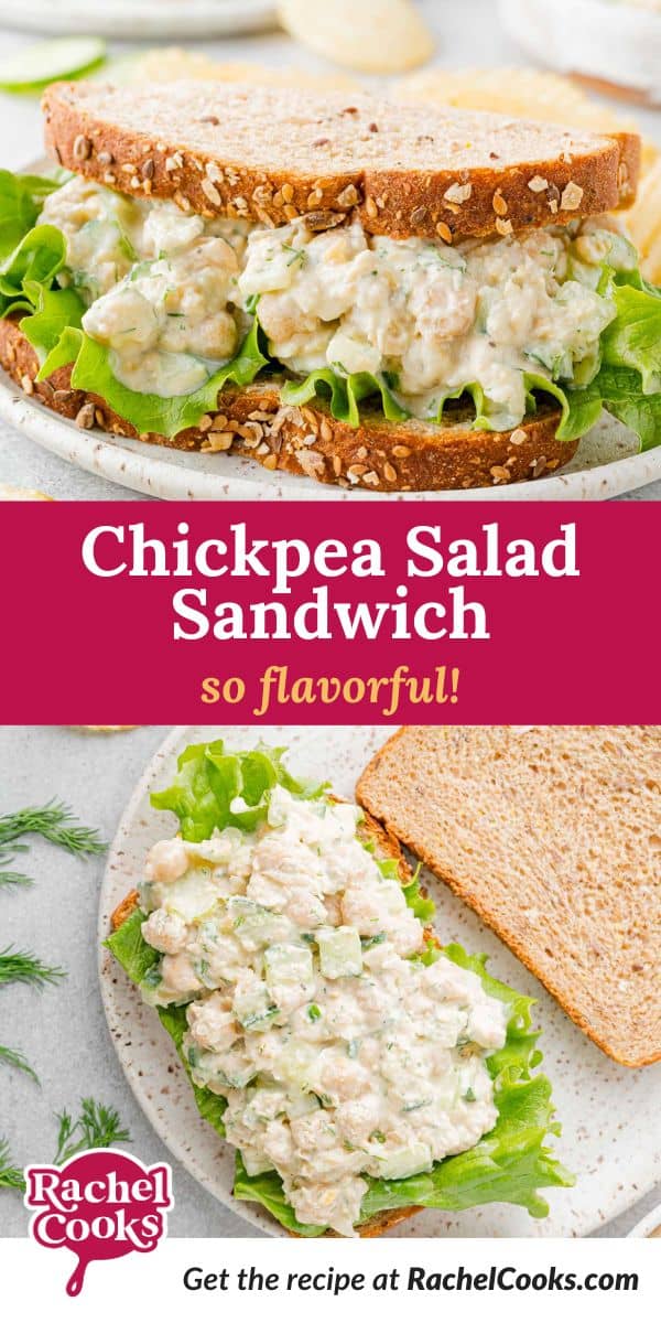 Chickpea salad sandwich Pinterest graphic with text and photos.
