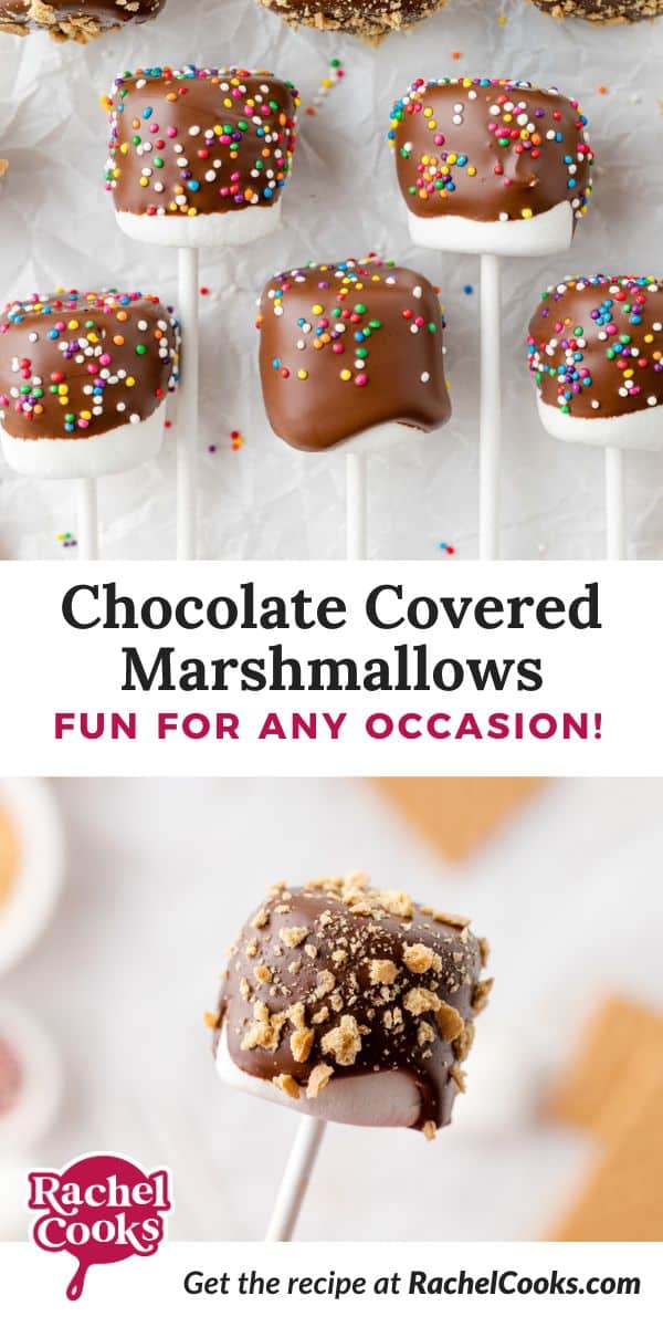 Chocolate covered marshmallows Pinterest graphic with text and photos.