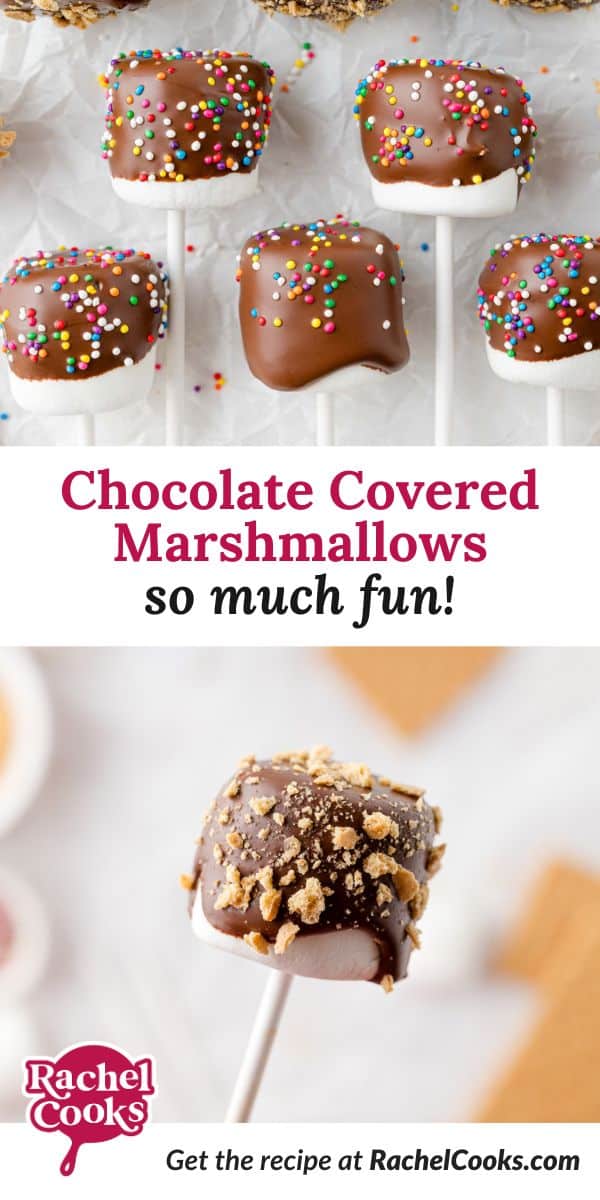 Chocolate covered marshmallows Pinterest graphic with text and photos.