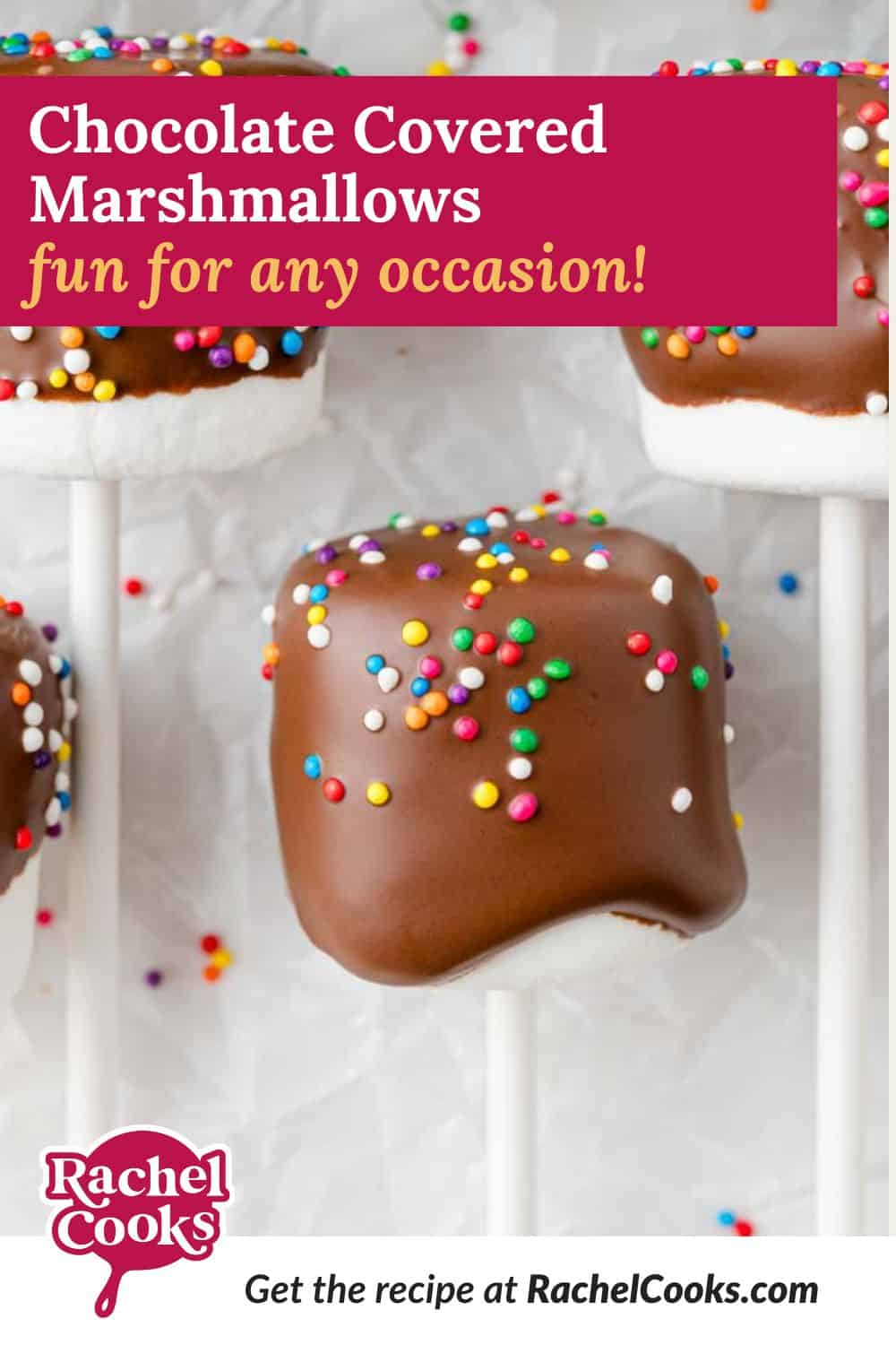 Chocolate covered marshmallows Pinterest graphic with text and photos.