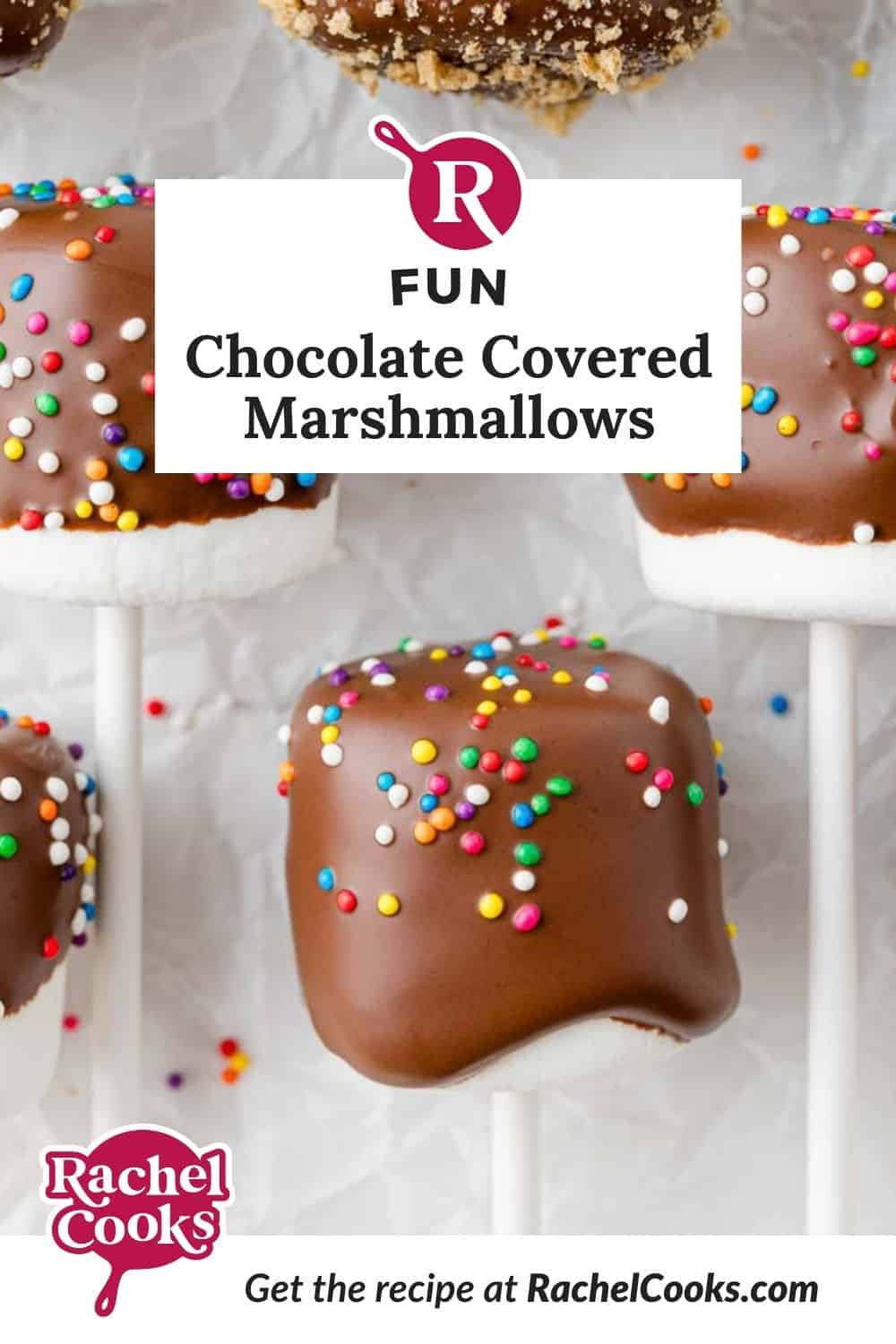 Chocolate covered marshmallows Pinterest graphic with text and photos.