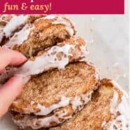 Cinnamon sugar pull apart bread Pinterest graphic with text and photos.