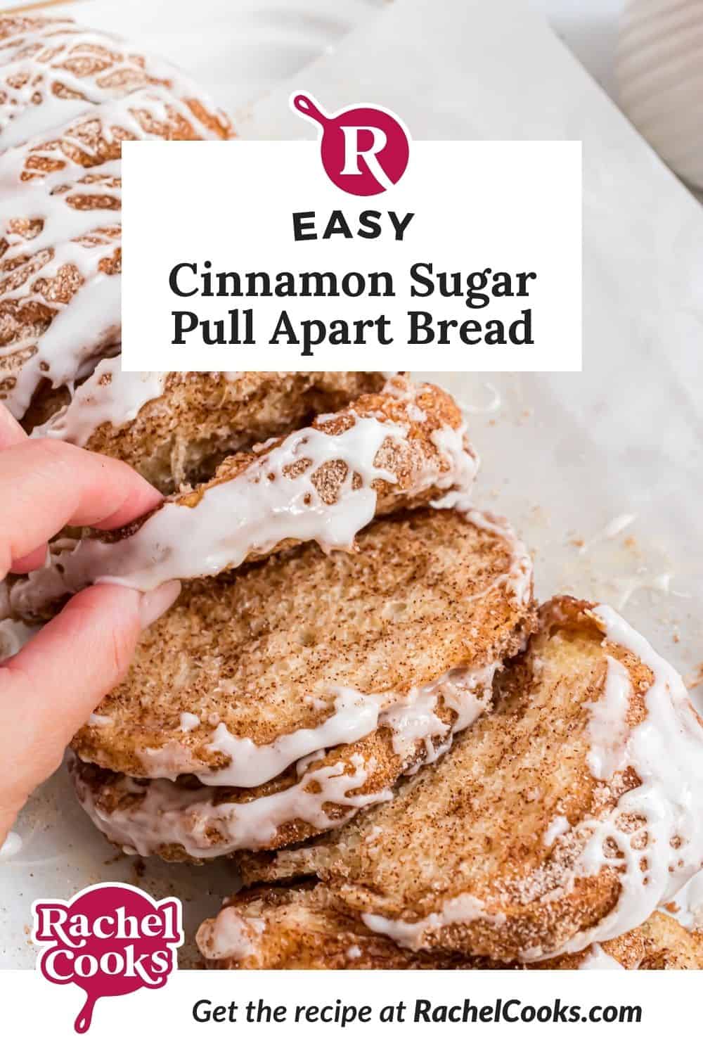 Cinnamon sugar pull apart bread Pinterest graphic with text and photos.