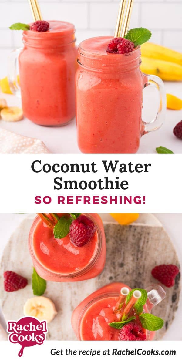 Coconut water smoothie Pinterest graphic with text and photos.