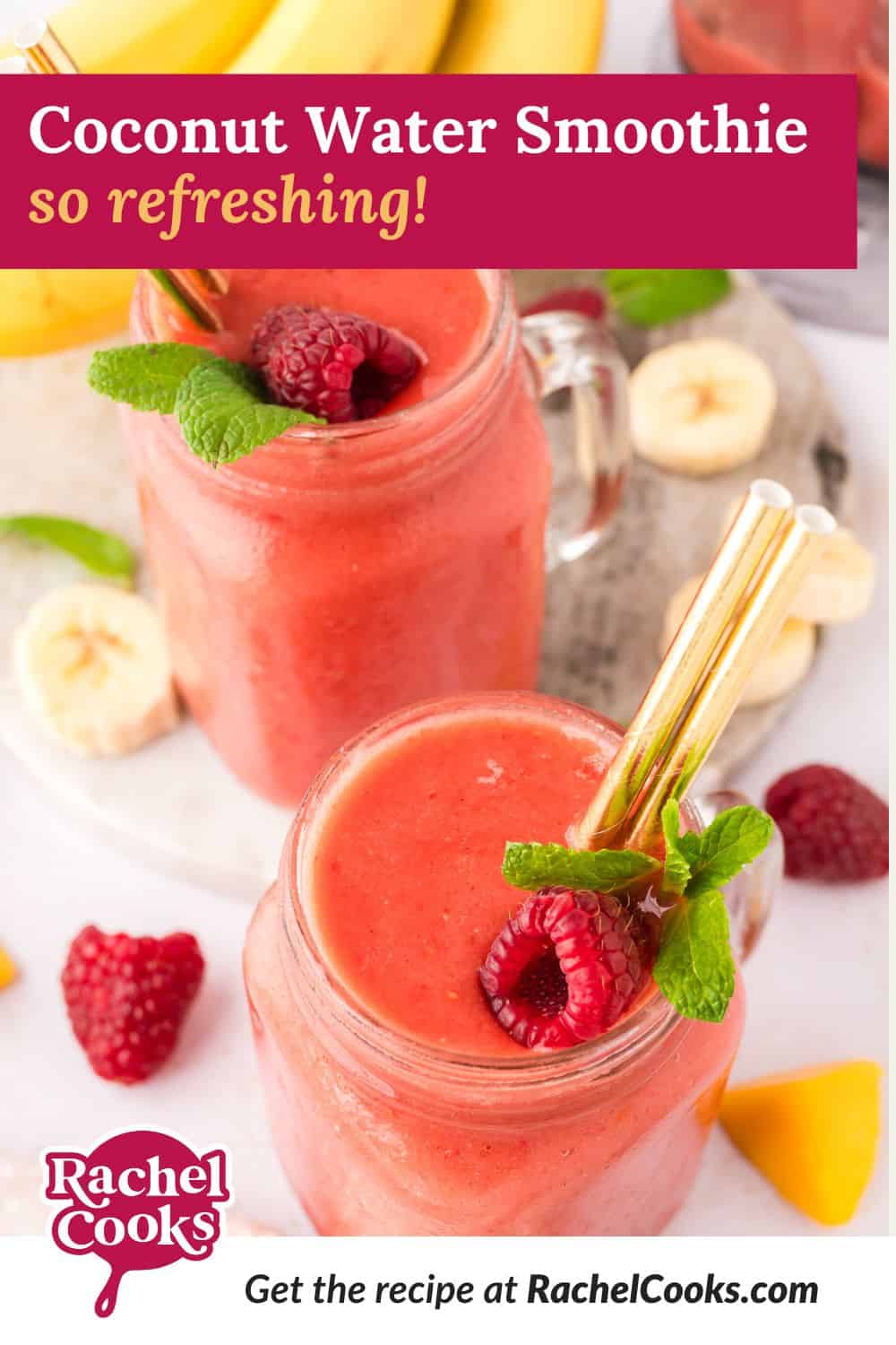 Coconut water smoothie Pinterest graphic with text and photos.