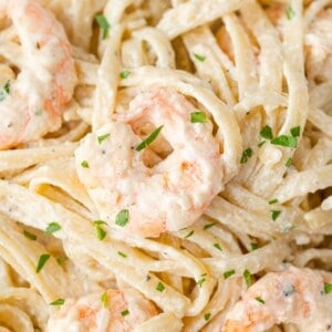 Shrimp alfredo, sprinkled with fresh parsley.