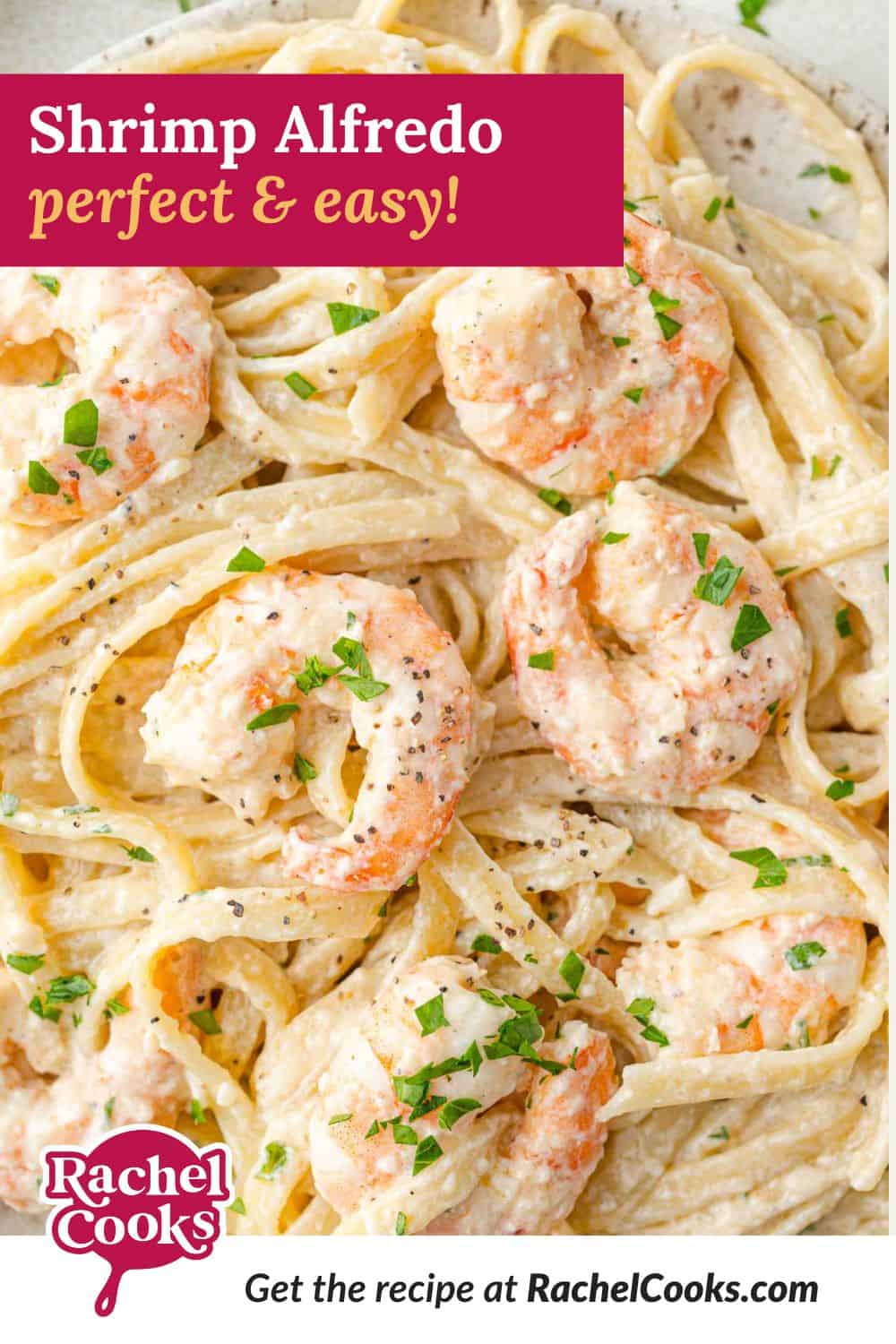 Shrimp alfredo Pinterest graphic with text and photos.