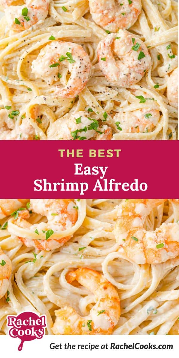 Shrimp alfredo Pinterest graphic with text and photos.