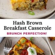 Hash brown breakfast casserole Pinterest graphic with text and photos.