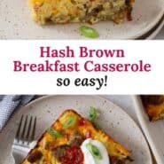 Hash brown breakfast casserole Pinterest graphic with text and photos.