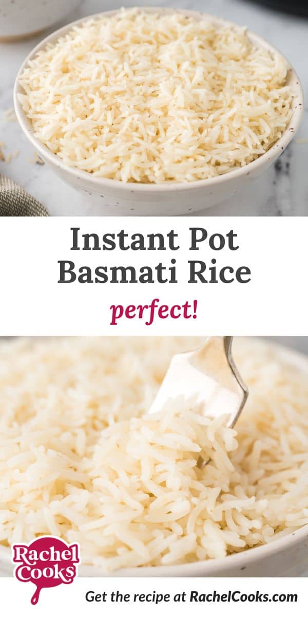Instant Pot basmati rice Pinterest graphic with text and photos.