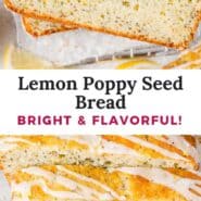 Lemon poppy seed bread Pinterest graphic with text and photos.