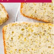 Lemon poppy seed bread Pinterest graphic with text and photos.