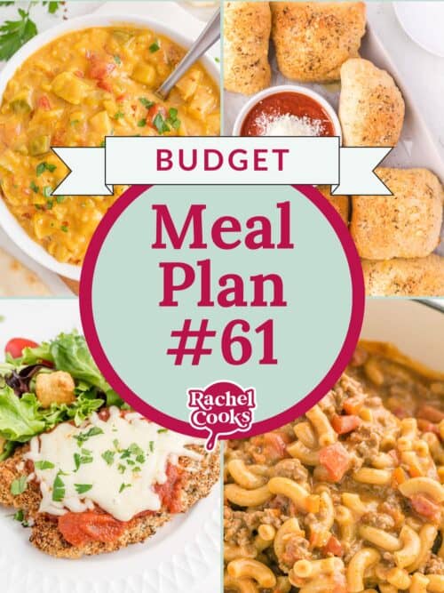 Meal plan 61, a budget meal plan, preview with recipe photos and text.
