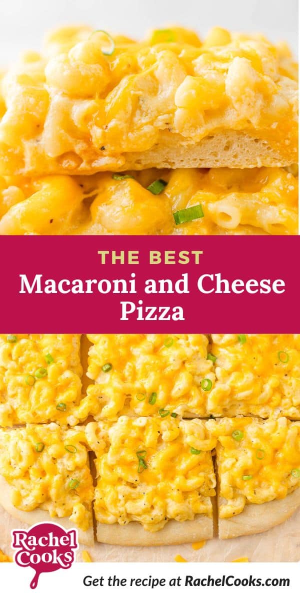 Mac and cheese Pinterest graphic with text and photos.