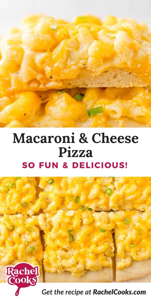 Mac and cheese Pinterest graphic with text and photos.