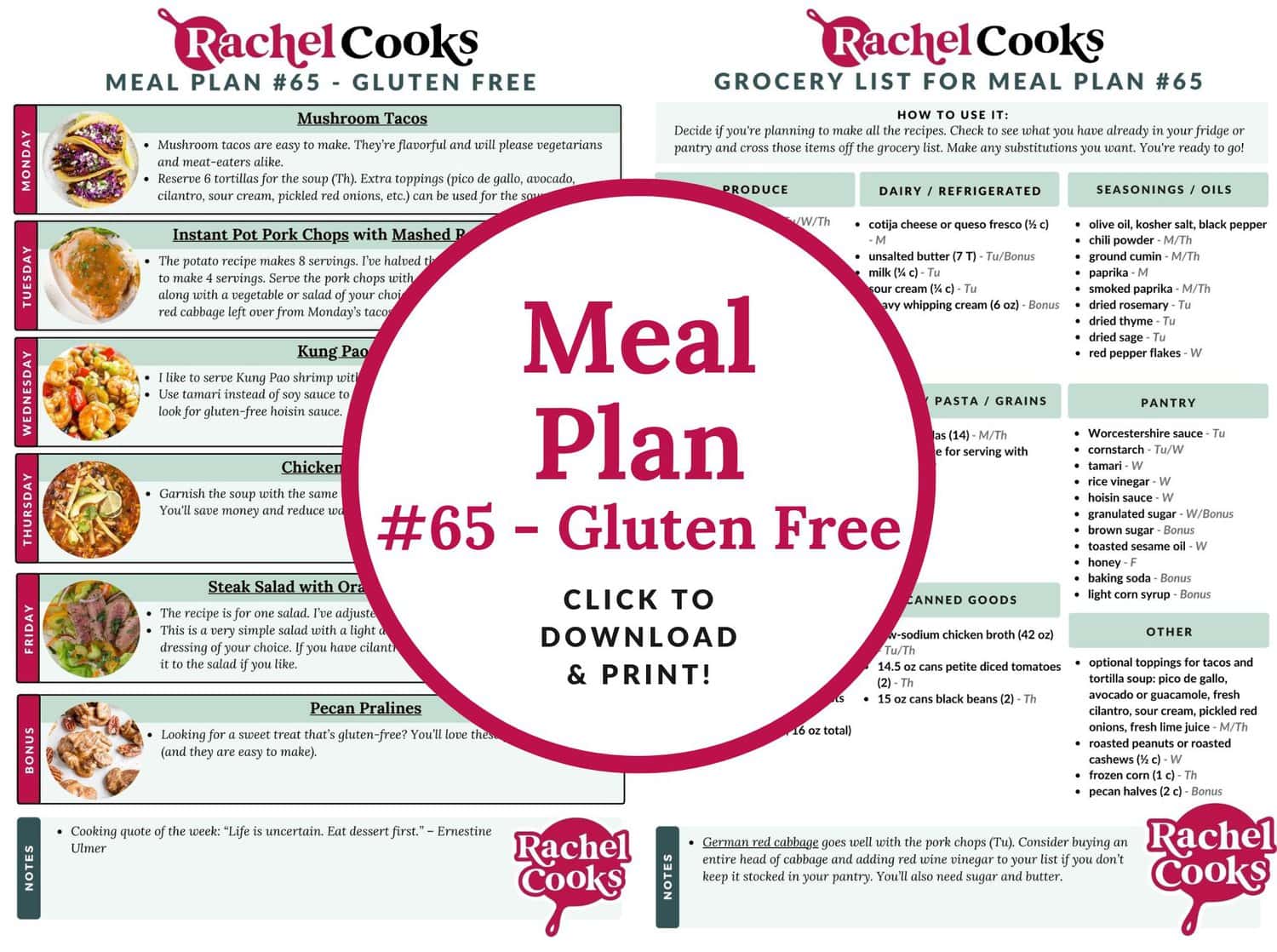 Gluten free meal plan, meal plan 65, with preview images of both pages.