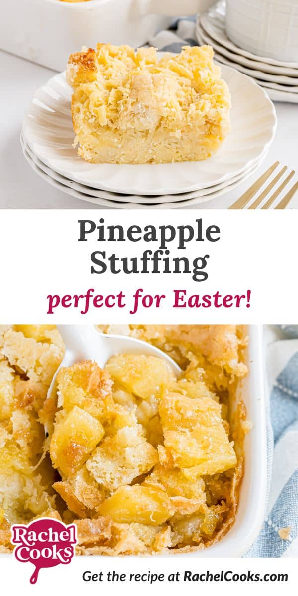Pineapple stuffing Pinterest graphic with text and photos.