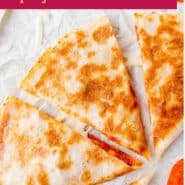 Pizza quesadilla Pinterest graphic with text and photos.