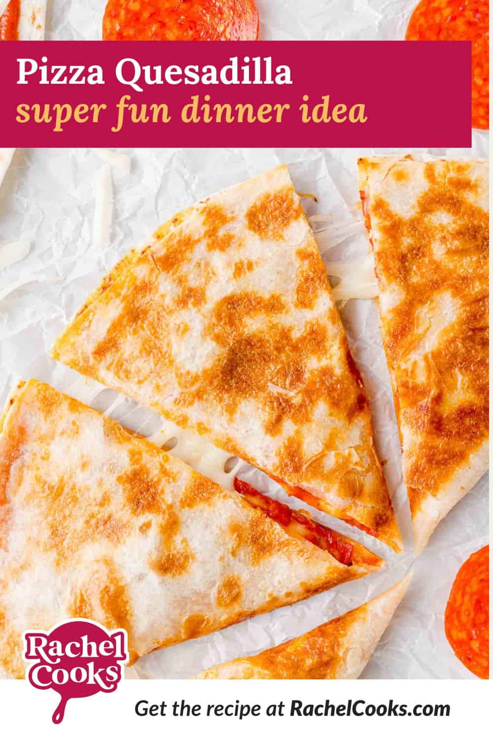 Pizza quesadilla Pinterest graphic with text and photos.