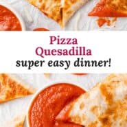 Pizza quesadilla Pinterest graphic with text and photos.