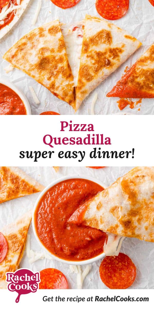Pizza quesadilla Pinterest graphic with text and photos.