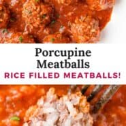 Porcupine meatballs Pinterest graphic with text and photos.