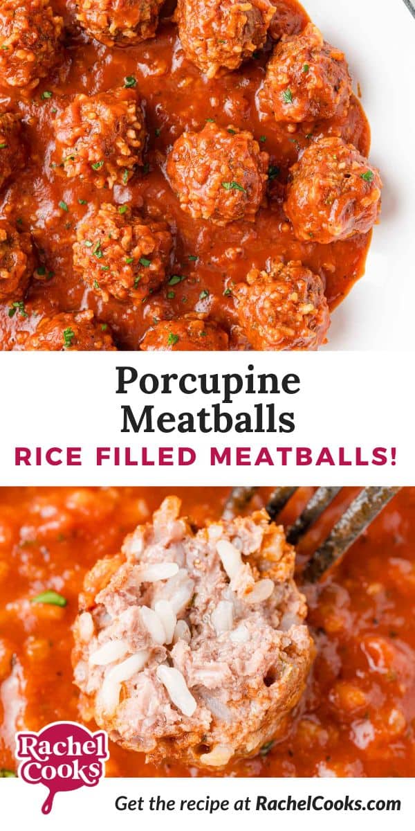 Porcupine meatballs Pinterest graphic with text and photos.