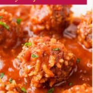 Porcupine meatballs Pinterest graphic with text and photos.