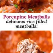 Porcupine meatballs Pinterest graphic with text and photos.