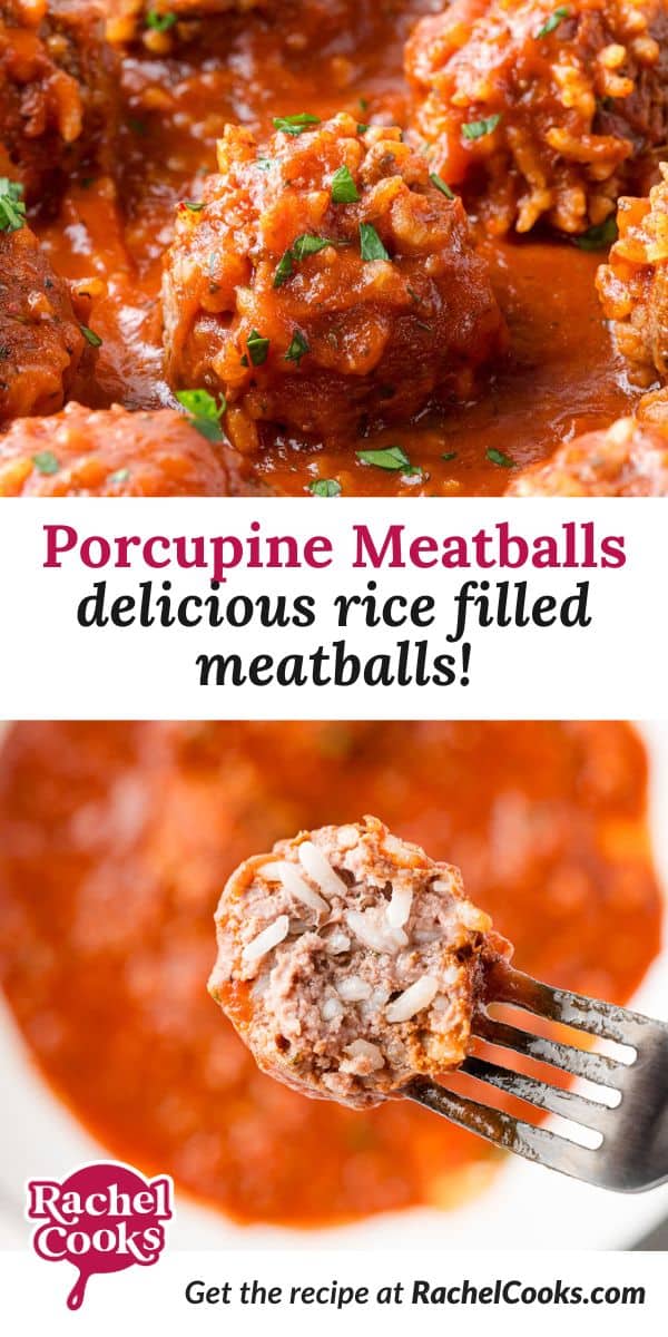 Porcupine meatballs Pinterest graphic with text and photos.