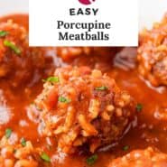 Porcupine meatballs Pinterest graphic with text and photos.