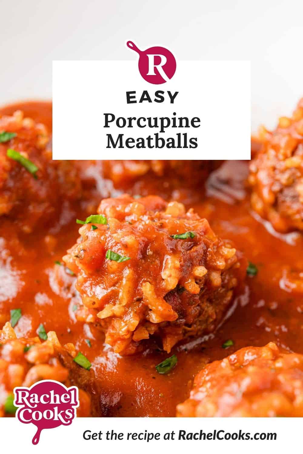 Porcupine meatballs Pinterest graphic with text and photos.