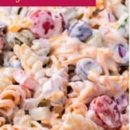 Ranch pasta salad Pinterest graphic with text and photos.