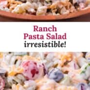 Ranch pasta salad Pinterest graphic with text and photos.