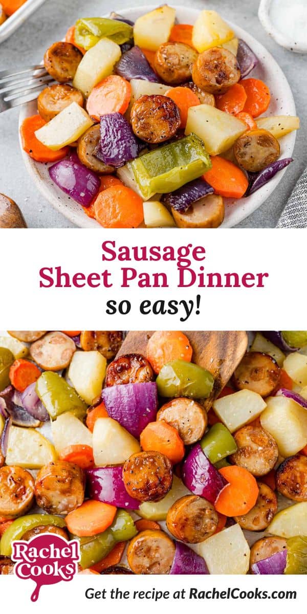 Sausage sheet pan dinner Pinterest graphic with text and photos.