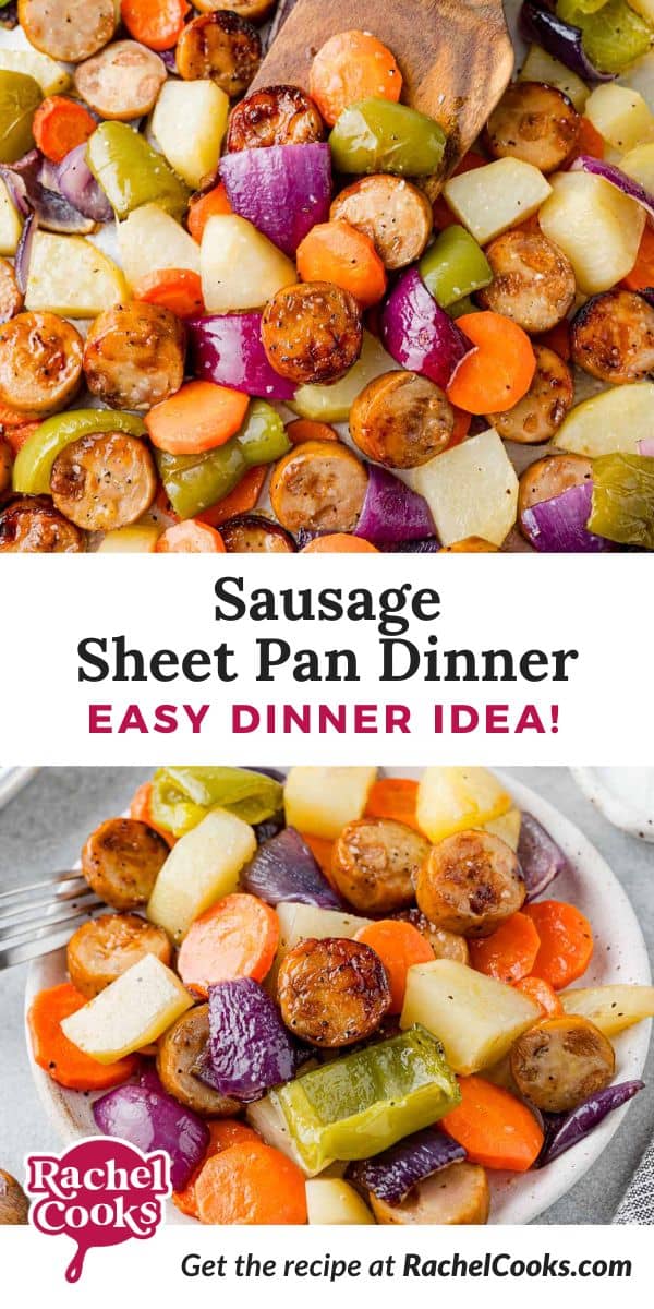 Sausage sheet pan dinner Pinterest graphic with text and photos.