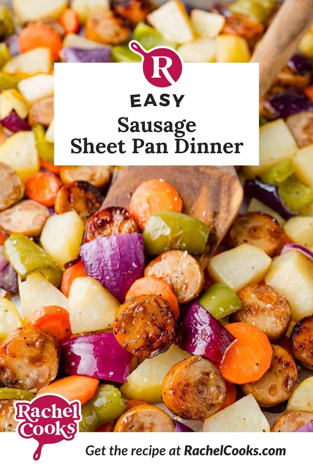 Sausage sheet pan dinner Pinterest graphic with text and photos.