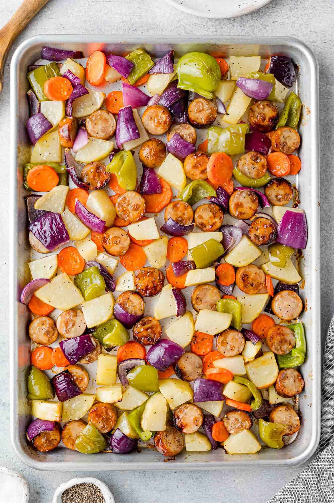 Fully cooked chicken sausage sheet pan dinner.