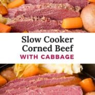 Slow cooker corned beef recipe Pinterest graphic with text and photos.