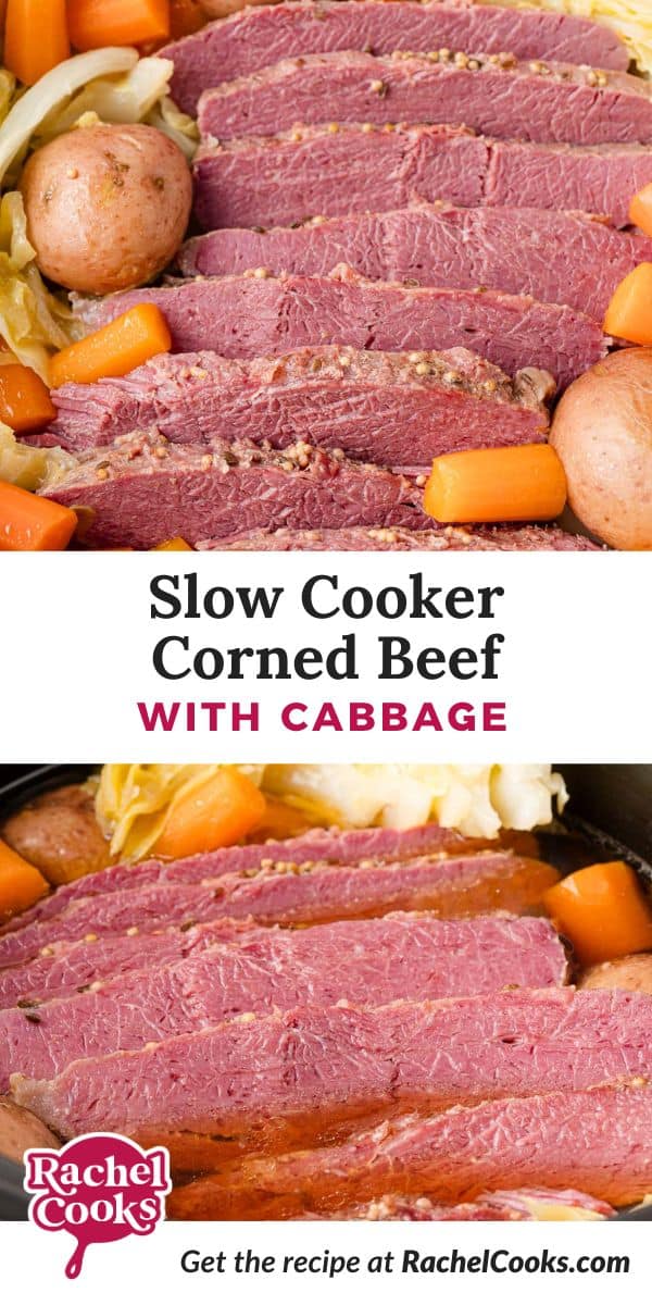 Slow cooker corned beef recipe Pinterest graphic with text and photos.