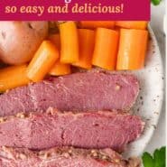 Slow cooker corned beef recipe Pinterest graphic with text and photos.