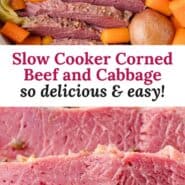 Slow cooker corned beef recipe Pinterest graphic with text and photos.