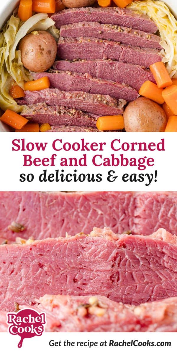 Slow cooker corned beef recipe Pinterest graphic with text and photos.