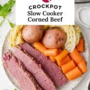 Slow cooker corned beef recipe Pinterest graphic with text and photos.