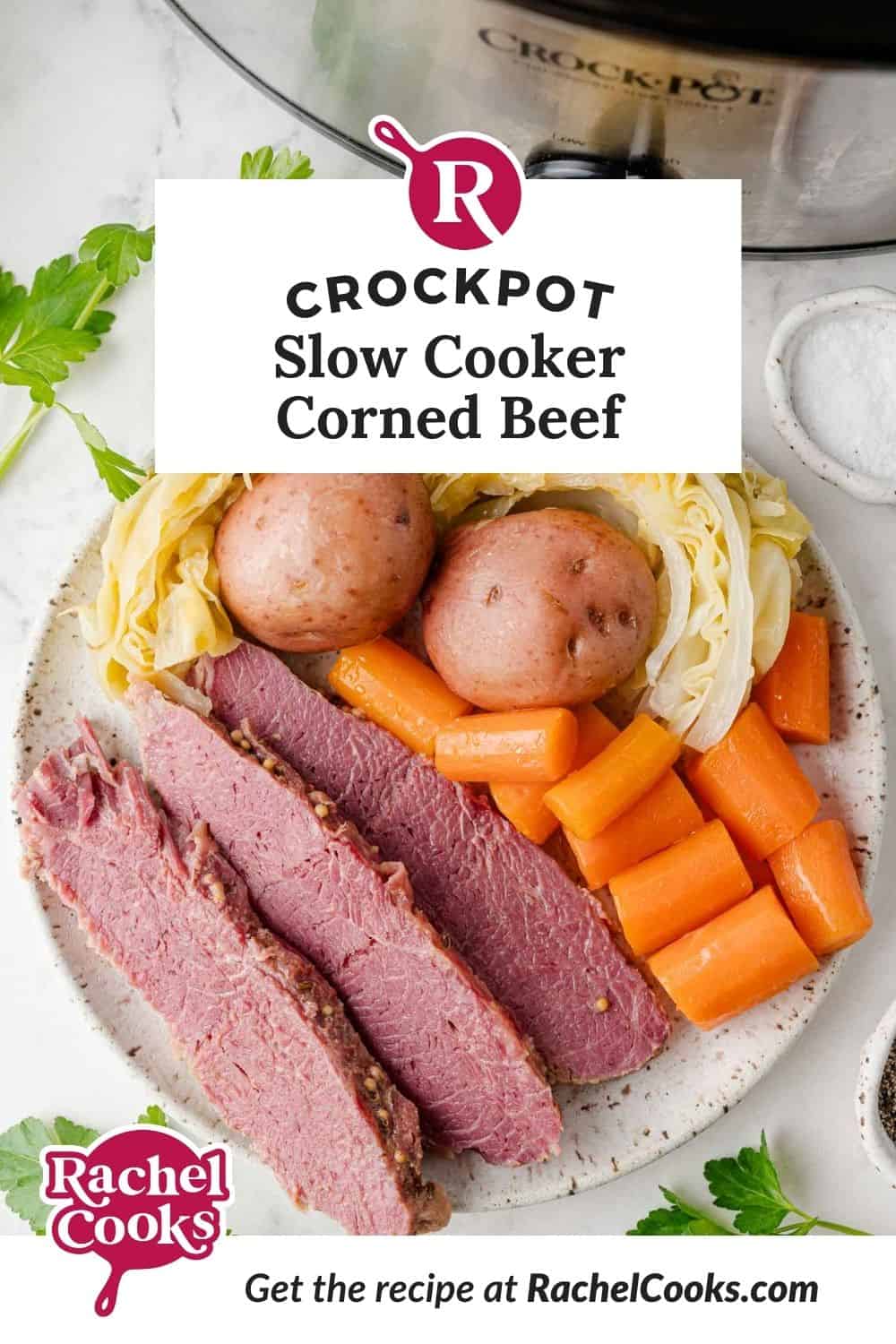Slow cooker corned beef recipe Pinterest graphic with text and photos.