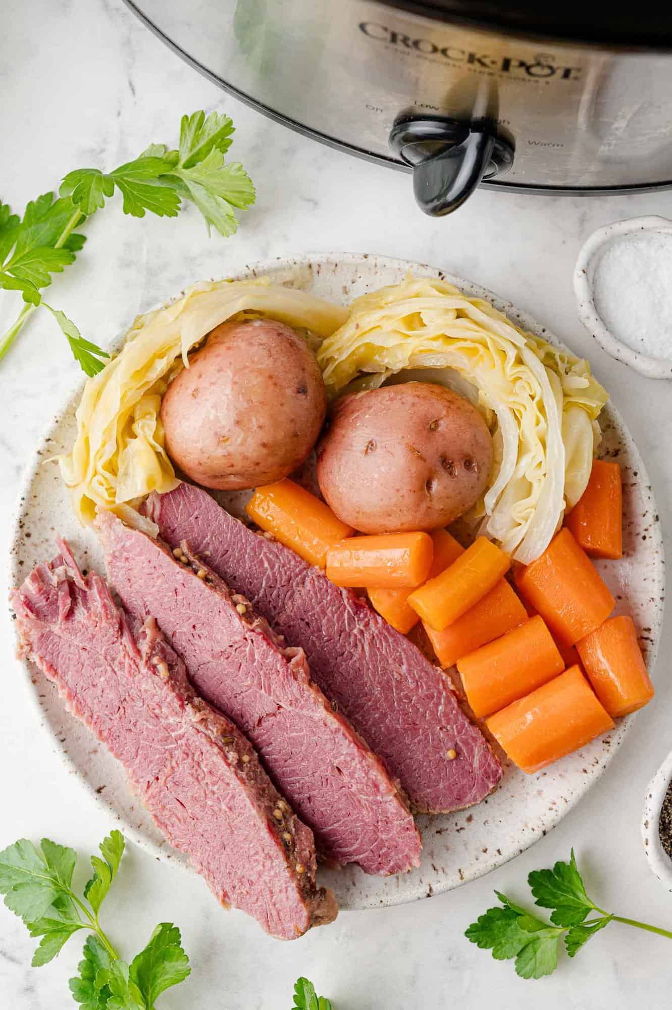 Corned beef dinner on a plate.