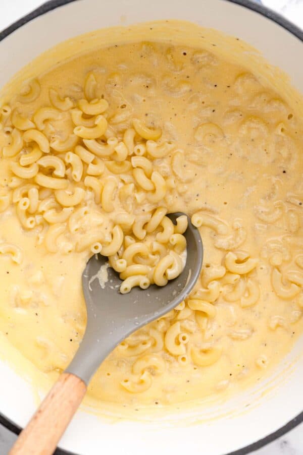 Cooked pasta being stirred into cheese sauce.